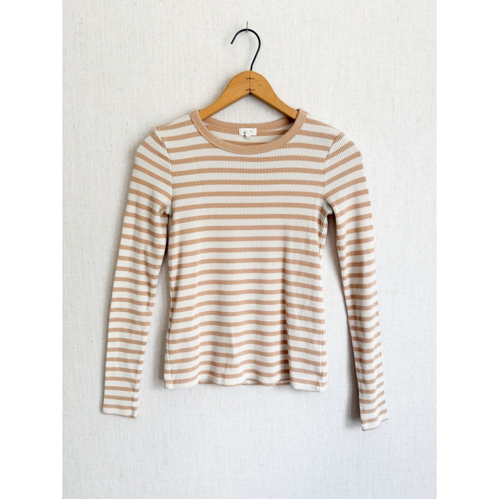 Aerie Thermal Top Waffle Knit Striped XS Tan White Long Sleeve Crewneck Slim Fit